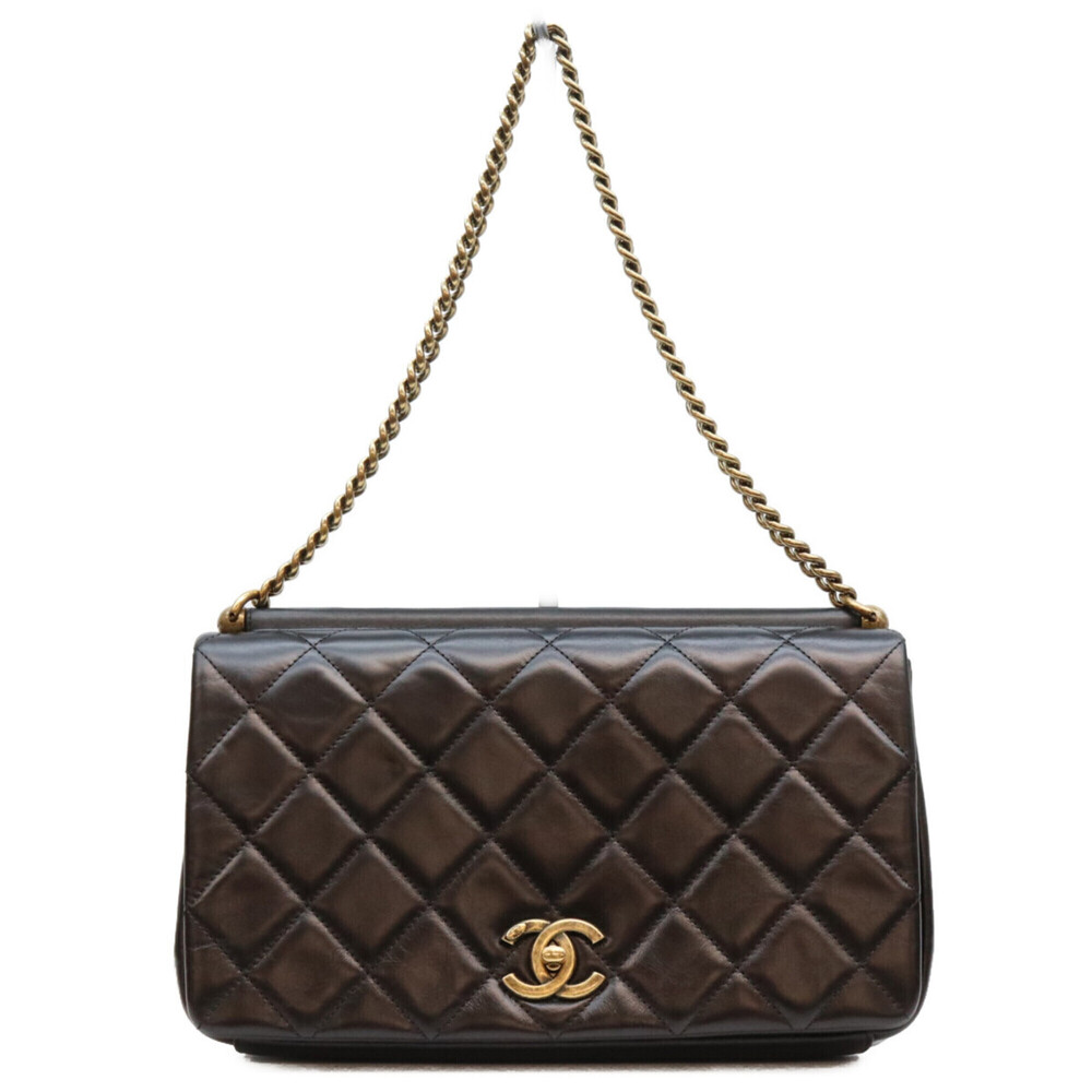 CHANEL Vintage Calf Paris in Rome Gold Bar Flap Shoulder Bag, Black with Hard...